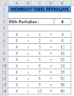 Contoh tabel perkalian dalam Excel